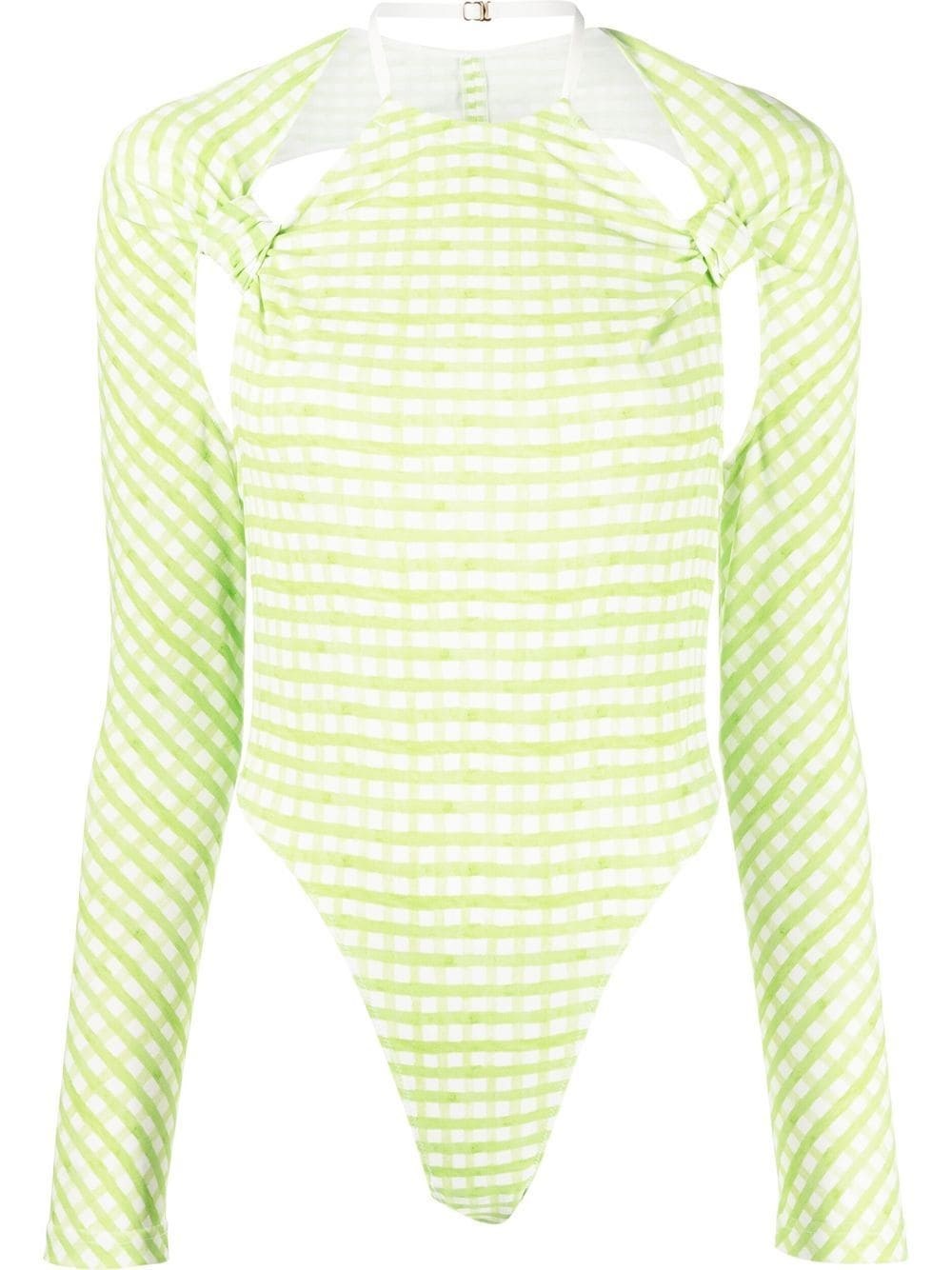 Jacquemus Nodi Cutout Knotted Gingham Jersey Bodysuit In Verde