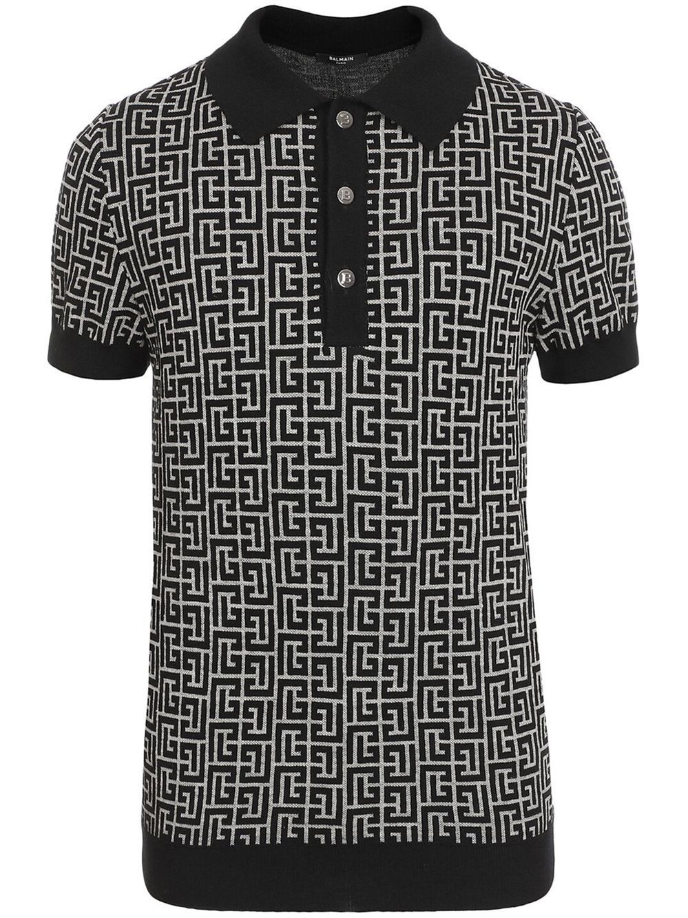 Balmain Wool And Linen Polo Shirt With Monogram Motif In Black