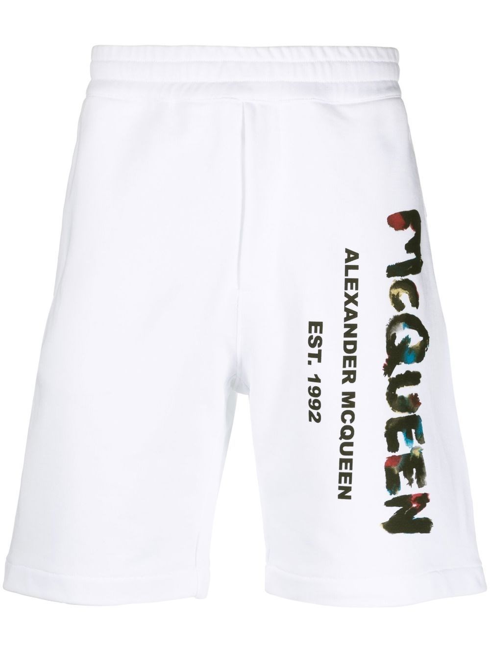 Alexander Mcqueen Graffiti-print Cotton Track Shorts In Bianco