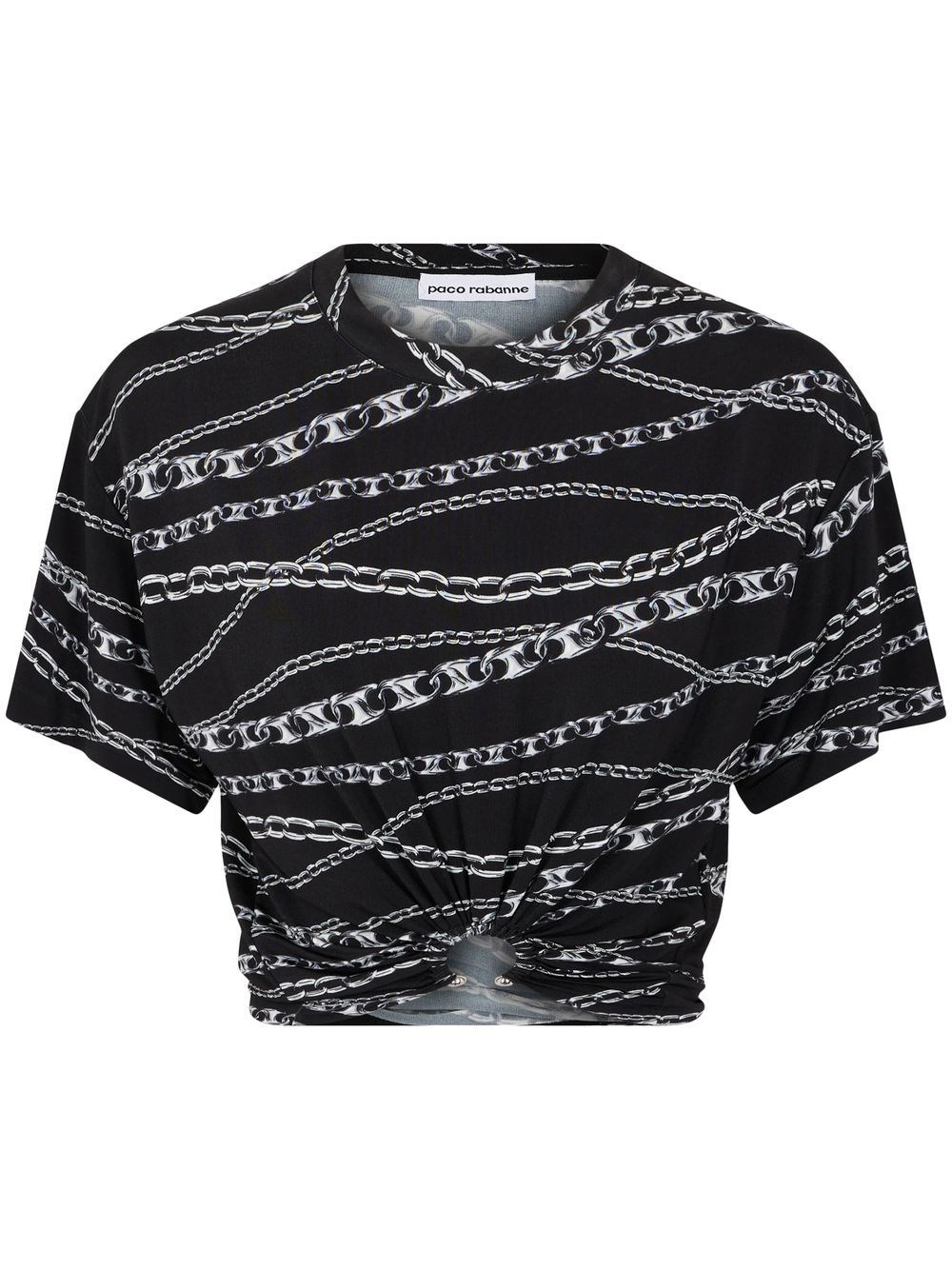 Rabanne Chain-print Ruched U-ring Crop T-shirt In Nero