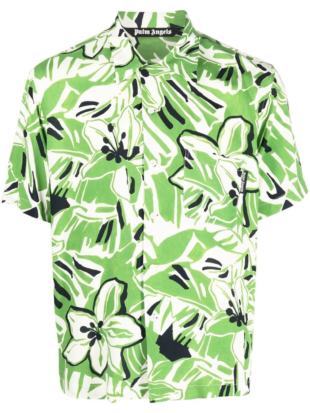 Palm Angels Macro Hibiscus Print Bowling Shirt In Verde