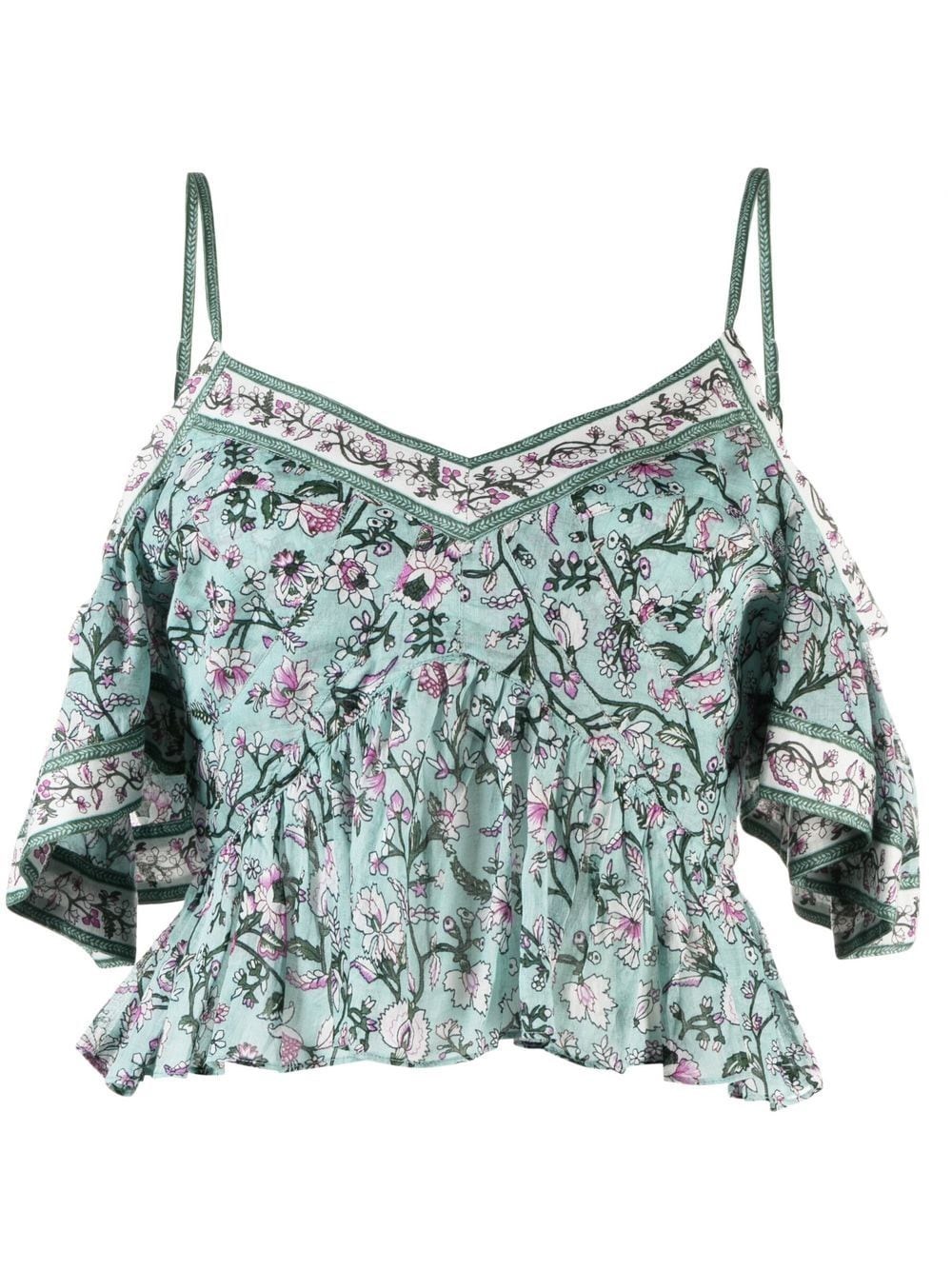 Isabel Marant Étoile Off-shoulder Floral-print Cotton Blouse In Verde