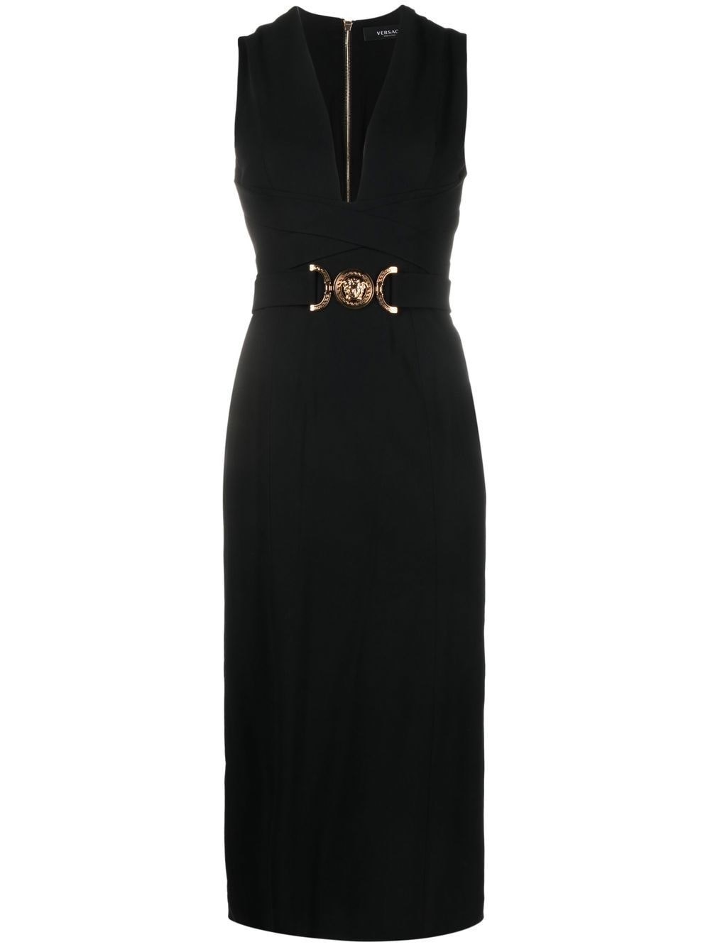 Versace Black Midi Dress With Criss-cross Belt And Medusa Buckle In Stretch Viscose Woman In ブラック