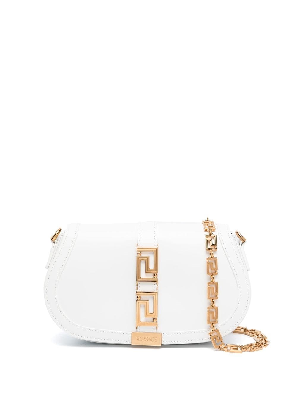 Shop Versace Greca Goddess Leather Shoulder Bag In White
