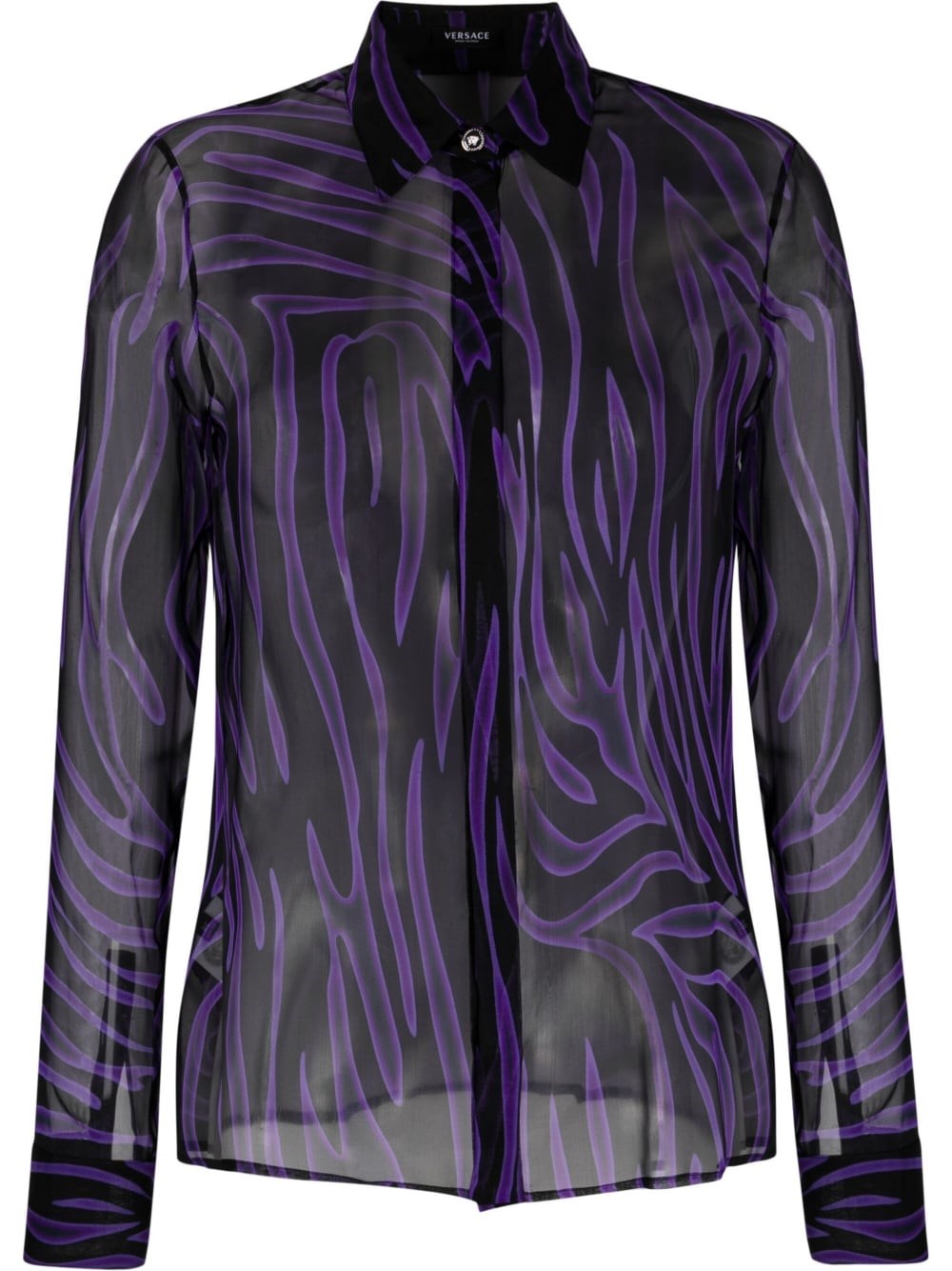 Versace Sheer Zebra Stripe Silk Chiffon Button-up Shirt In ブラック