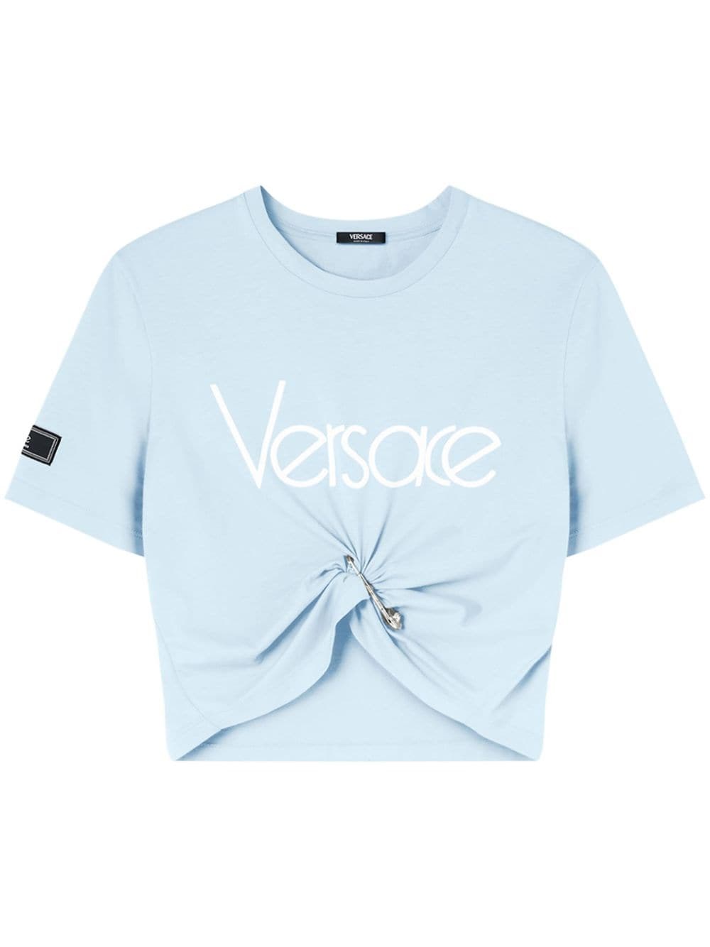 Shop Versace Cotton Cropped Top With Logo In Blue
