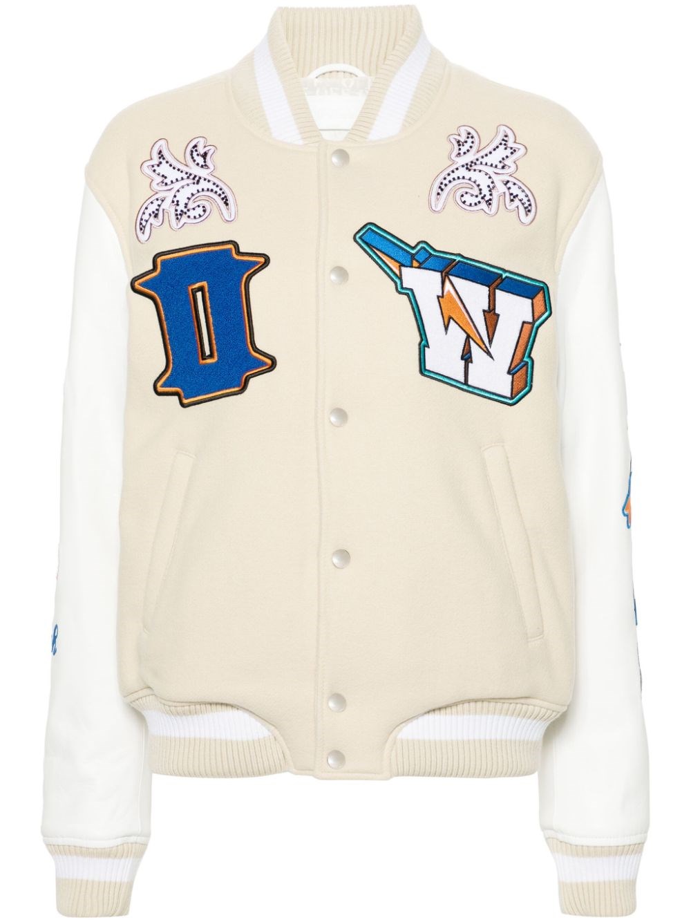 Shop Off-white Thunderbolt Wool Varsity Jacket In Neutrals