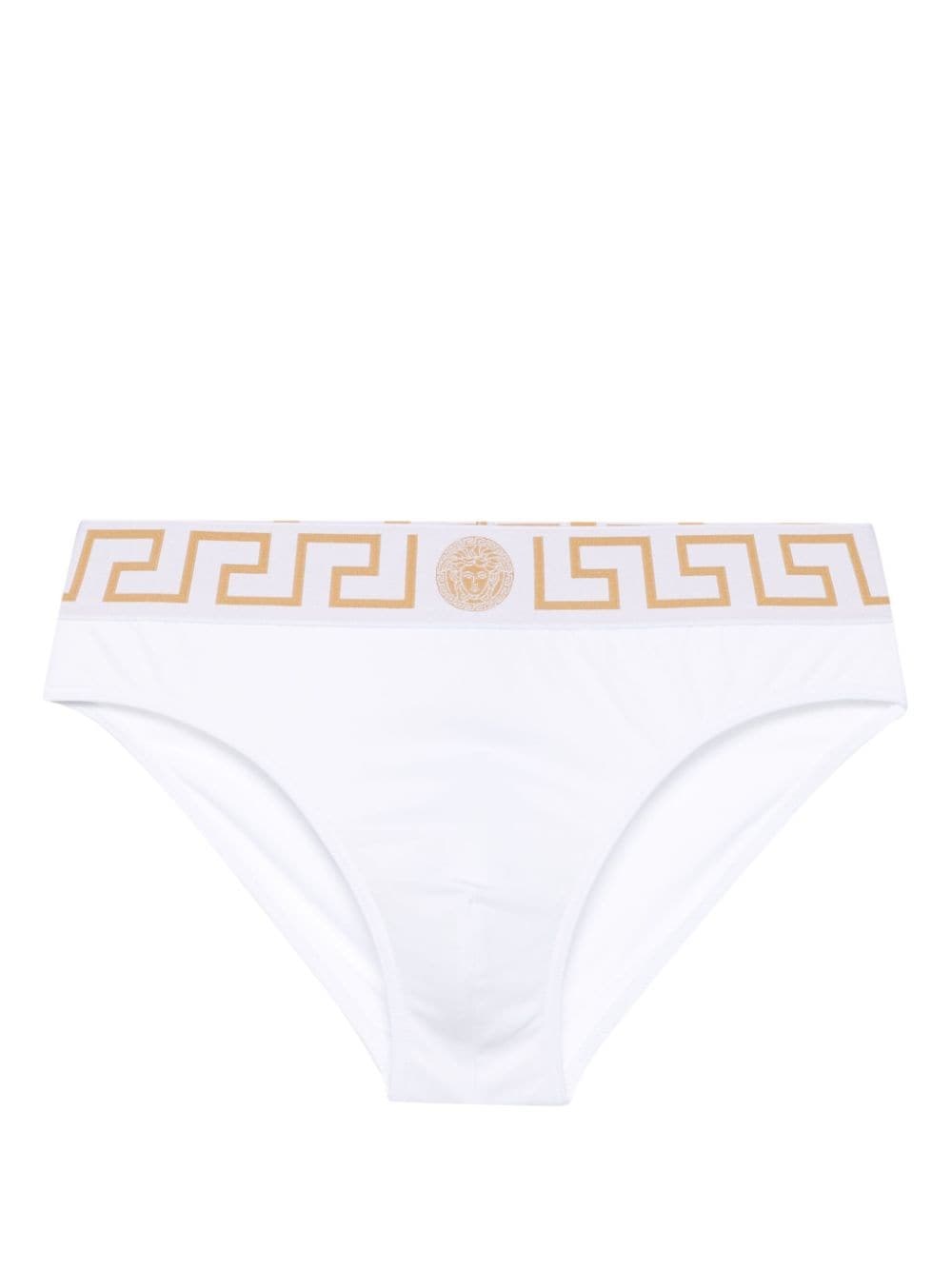 Shop Versace Beach Briefs With Greek Logo In White