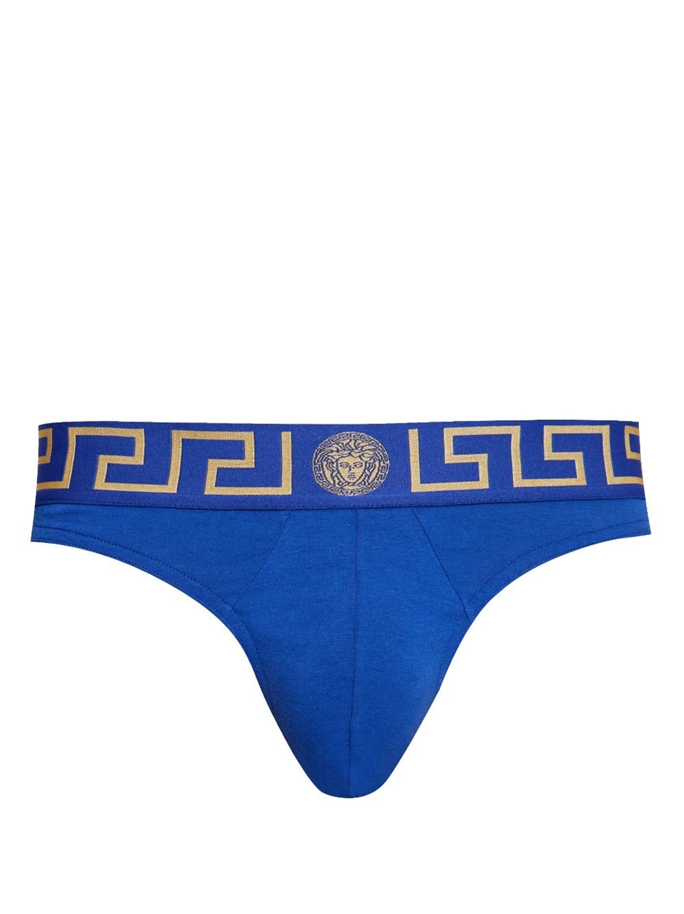 Versace First Line Logo Stretch Cotton Thong In Blue