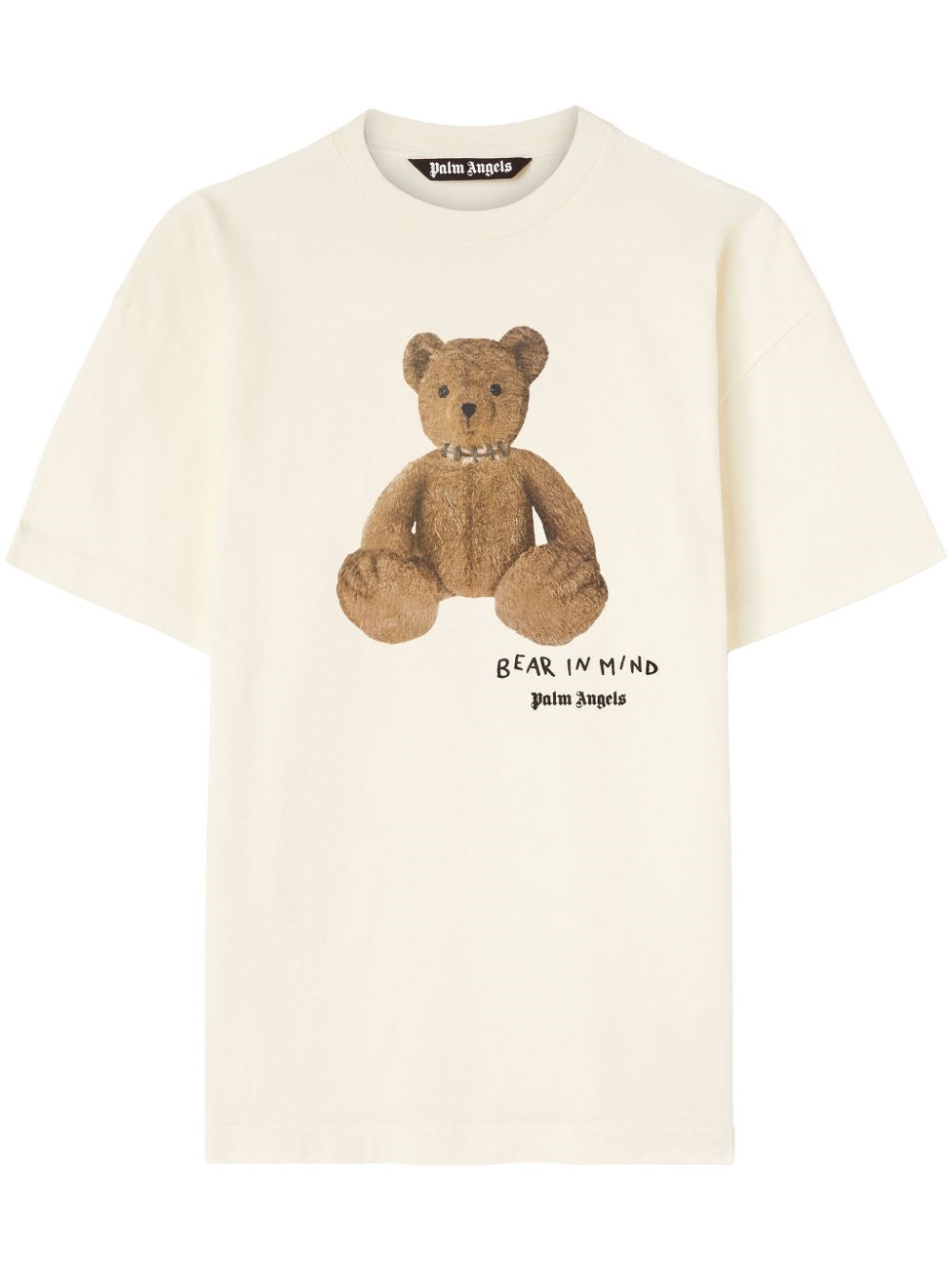 Palm Angels Bear In Mind White T-shirt With Bear Print And Logo Lettering On The Front In Cotton Man In White