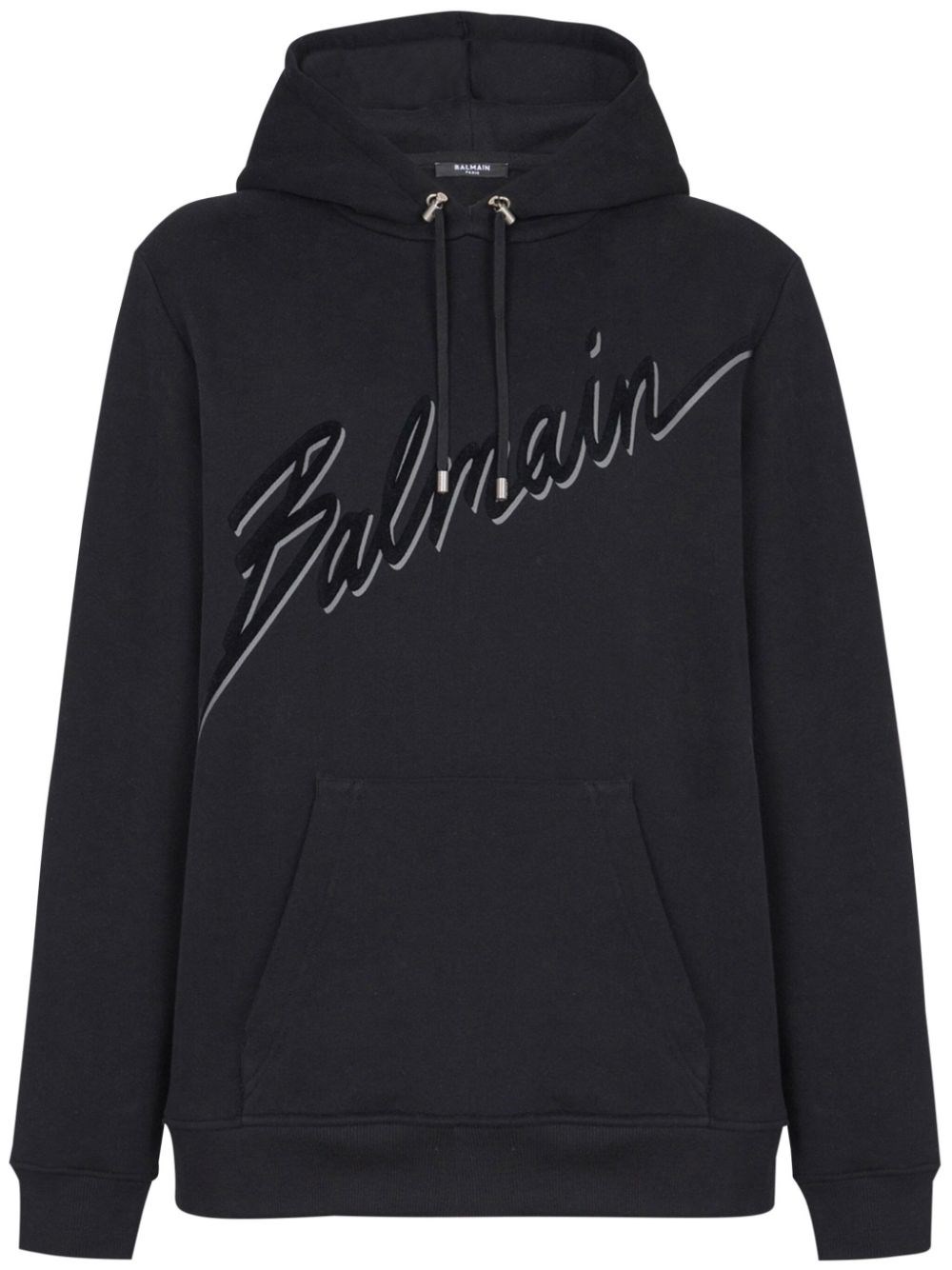 Balmain Cotton Hoodie With Embossed Velvet Logo In Black