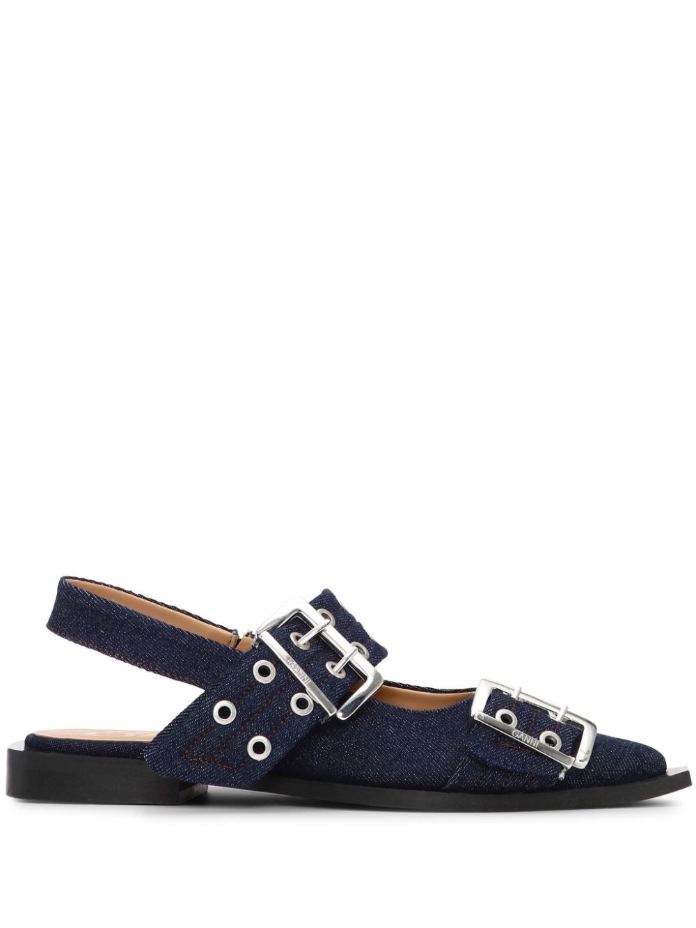 Shop Ganni Ballet Flats With Buckles In Blue