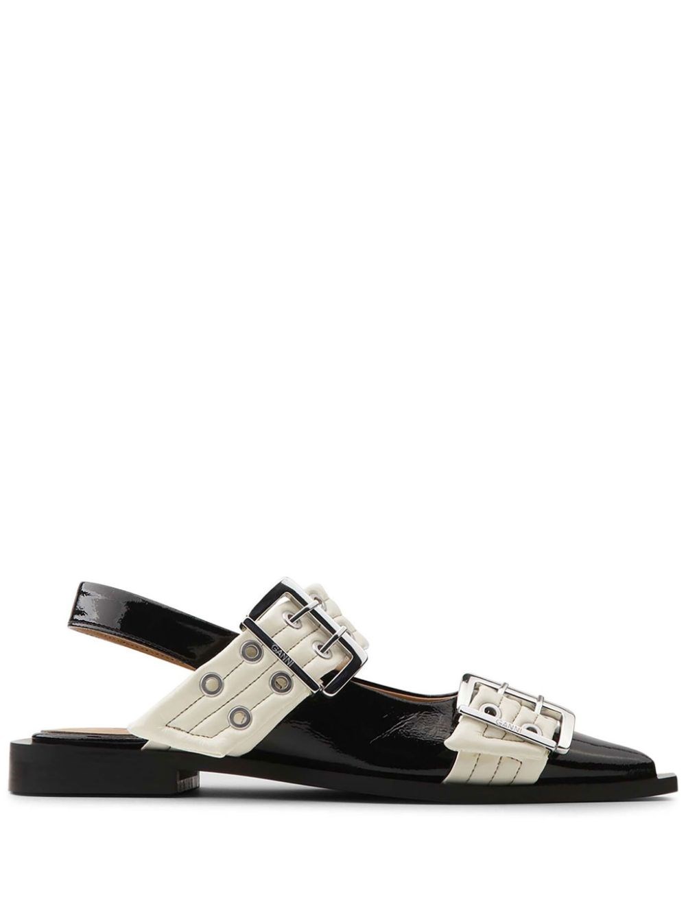 Ganni Black And White Slingback Ballerina Flats With Buckles In White