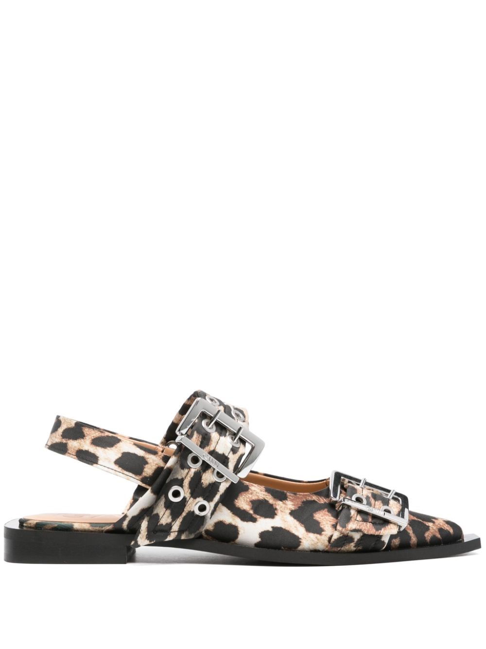 Ganni Multicolor Ballet Shoes With Double Buckle And All-over Leopard Print In Brown