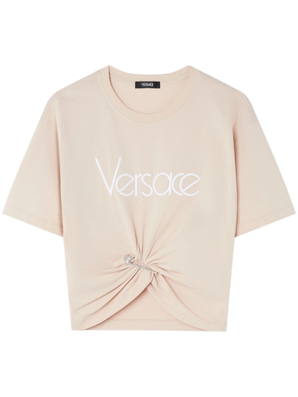 Versace Cropped T-shirt With Twist Detail And Safety Pin Logo In Neutrals
