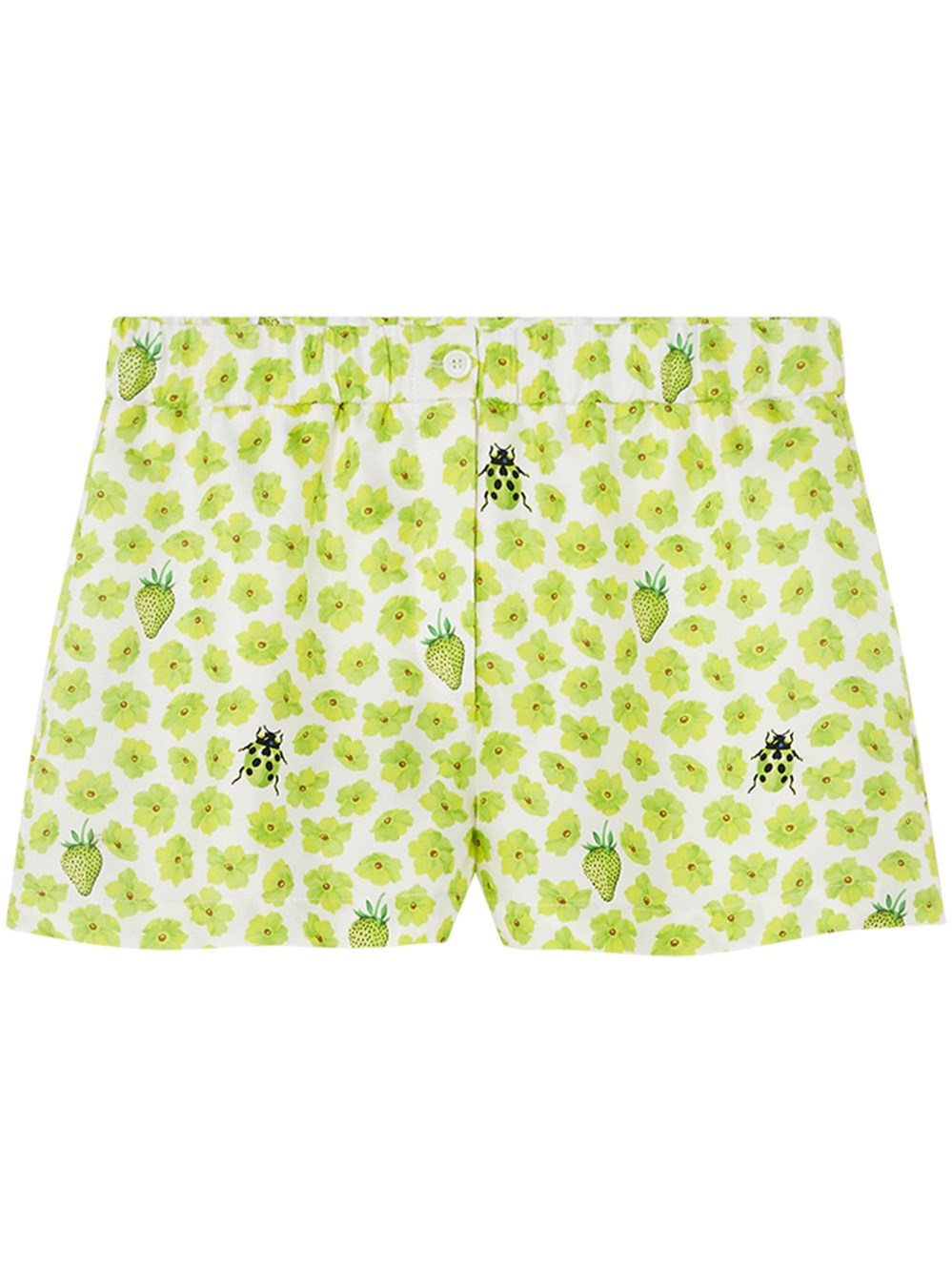 Versace Silk Twill Shorts With Strawberry Garden Print In Green