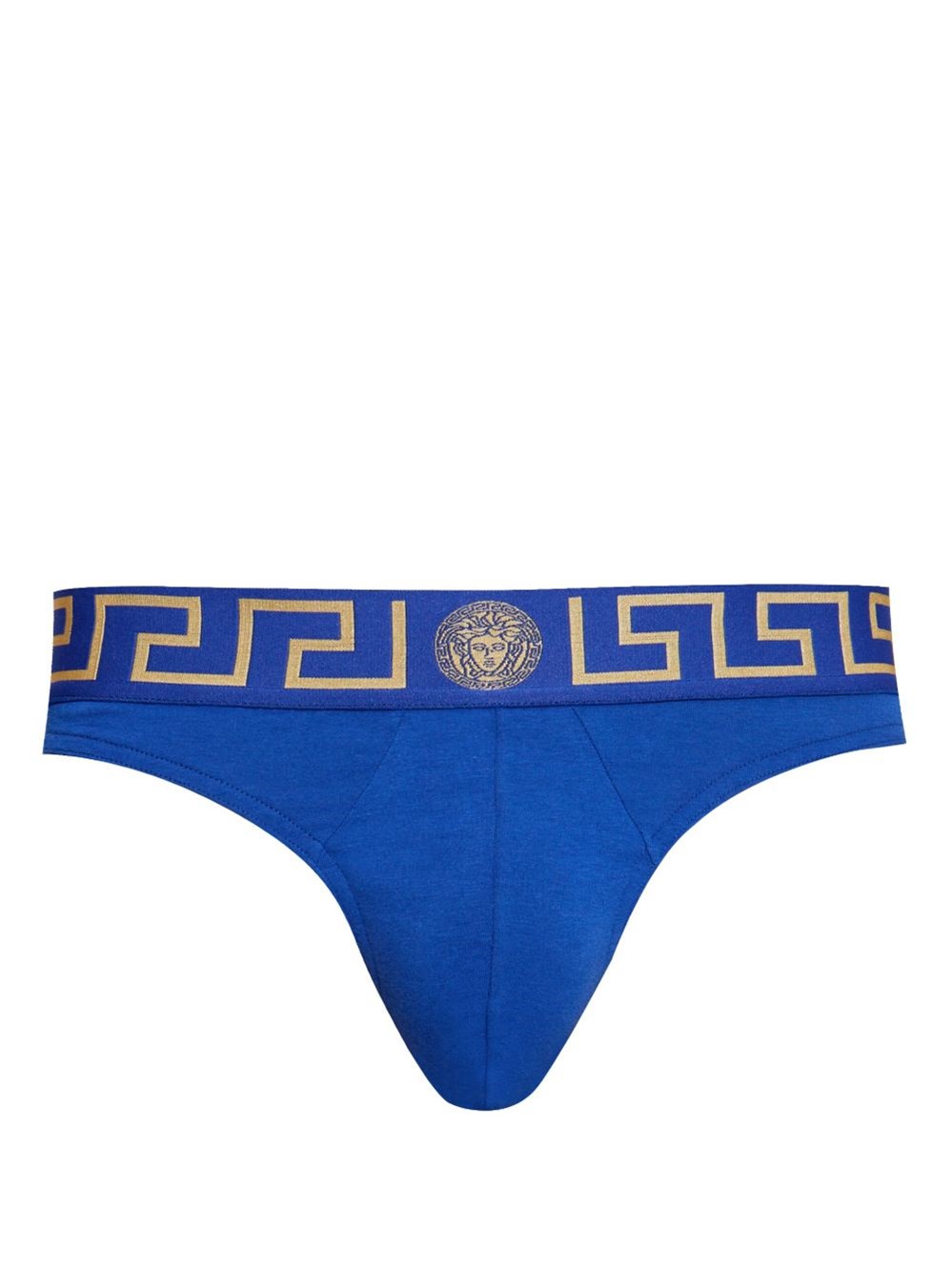 Versace First Line Logo Stretch Cotton Thong In Blue