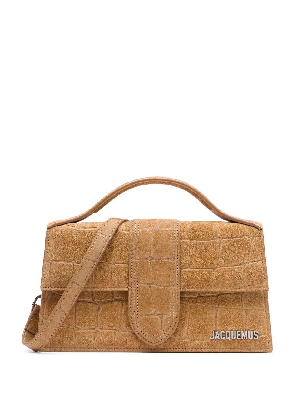 Jacquemus Le Grand Bambino Beige Handbag With Logo Lettering On The Front And Crocodile Skin Effect In Suede W In Neutrals