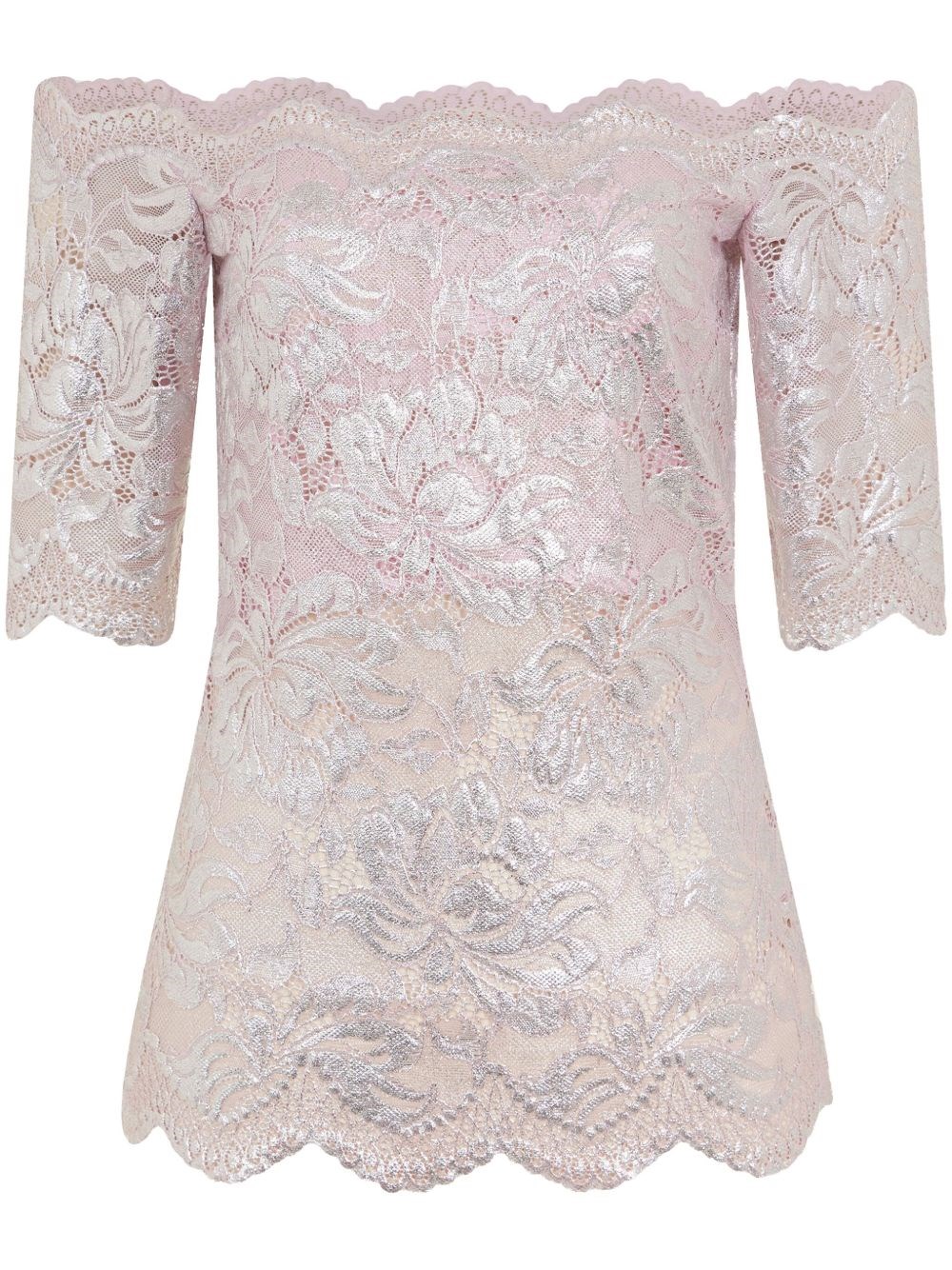 Rabanne Off-the-shoulder Lace Top With Floral Patterns In Pink