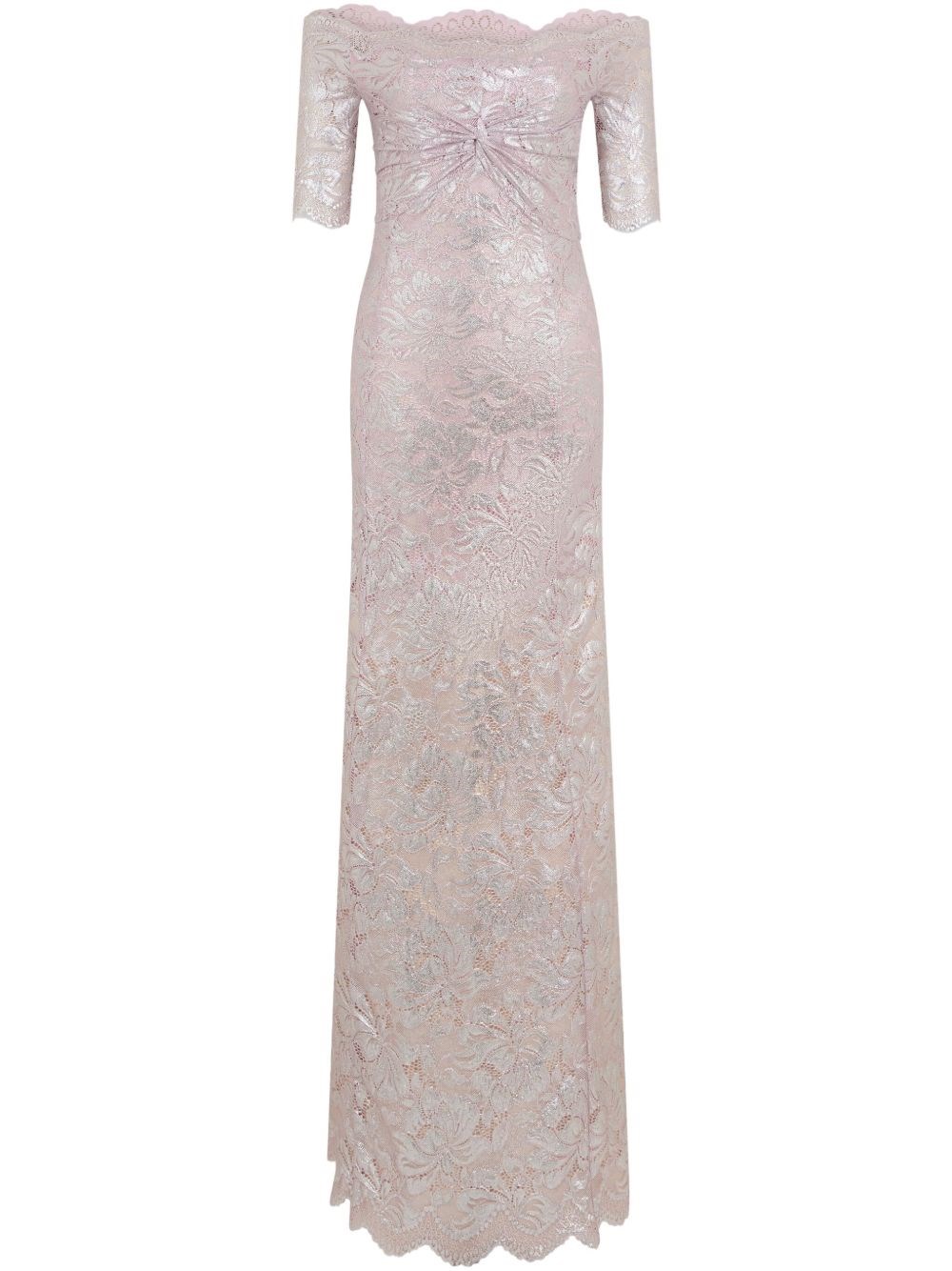 Rabanne Off-the-shoulder Twist-front Metallic Lace Maxi Dress In Silver
