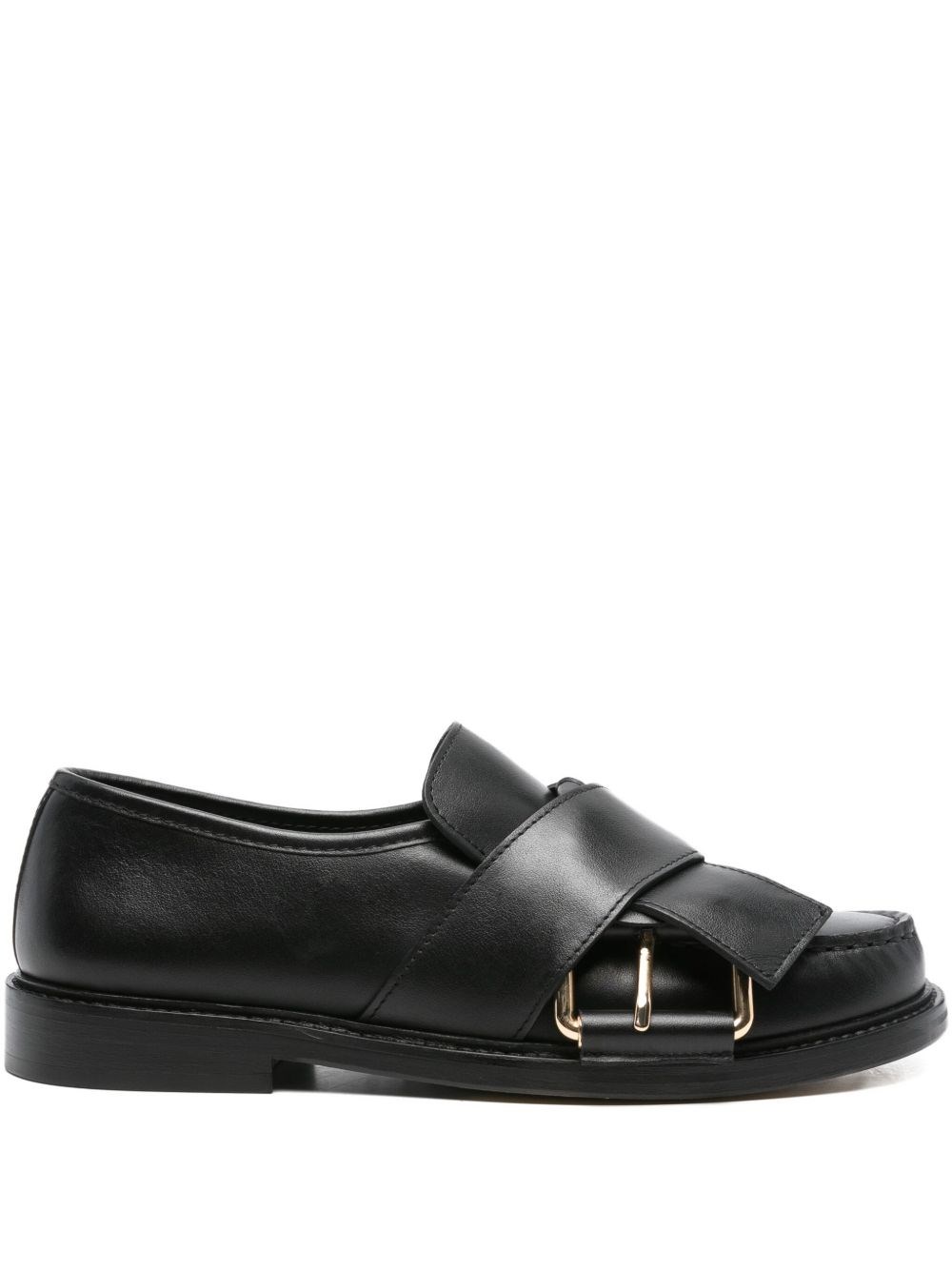 Moschino Belted Up Leather Loafers In Black