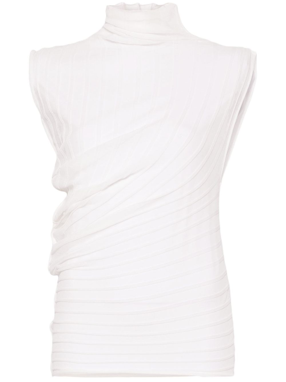 Victoria Beckham High Neck White Top In Semi-transparent Ribbed Knit