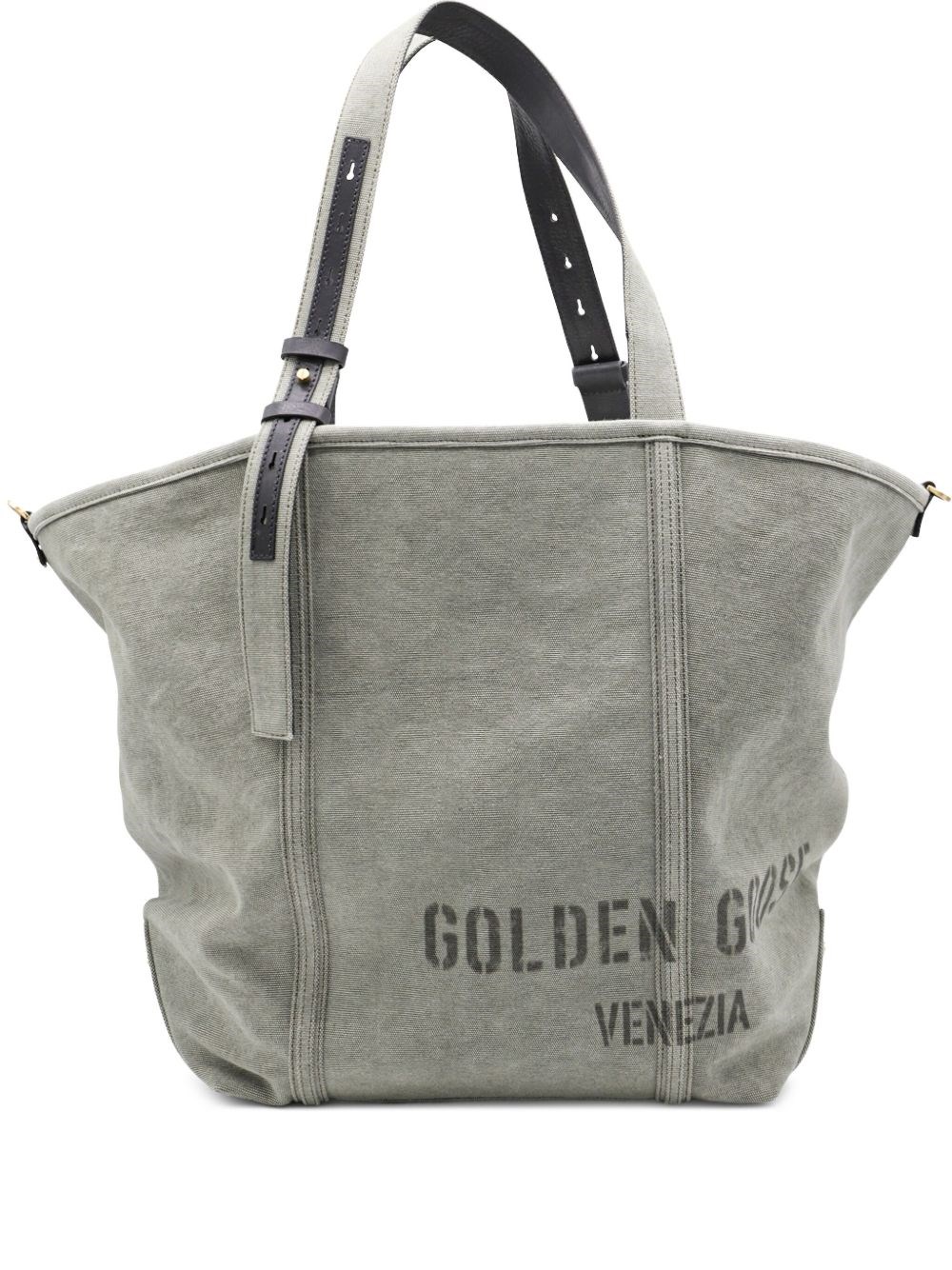 Golden Goose Sage Green Printed Logo Tote Bag With Structured Silhouette In Green
