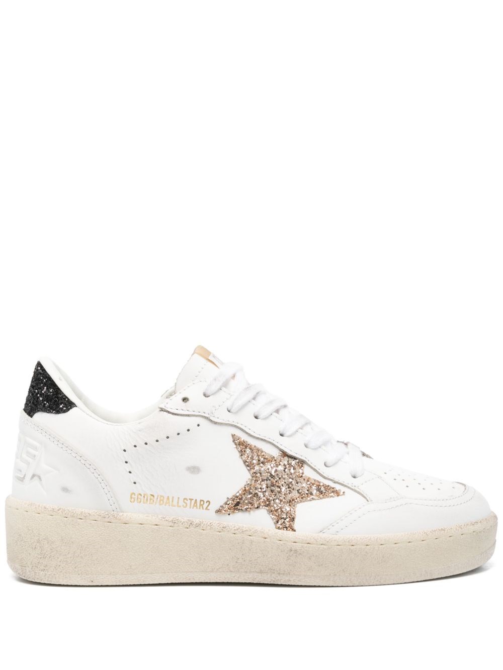 Golden Goose Women's Ball Star 2 Sneakers With Gold Glitter Star And Black Glitter Heel Tab In White