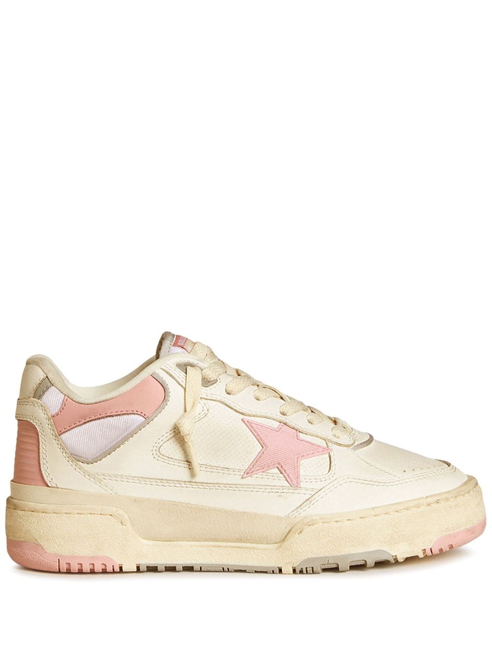 Golden Goose Forty2 Distressed Finish Leather And Fabric Sneakers With Pink Star In White