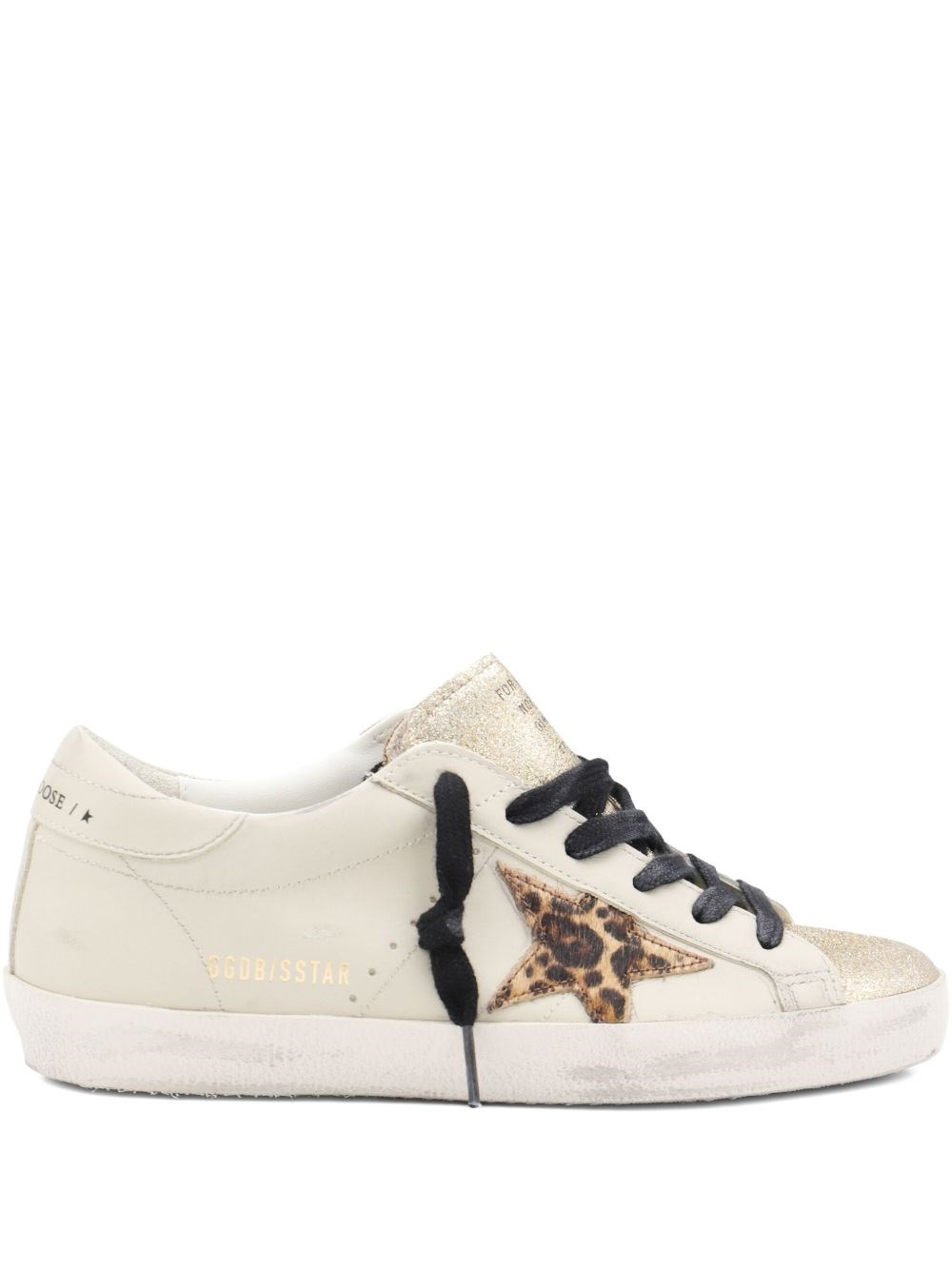 Golden Goose Women Super Star Leather Upper Glitter Toe And Tongue Leather Heel Leopard Horsy Star In White