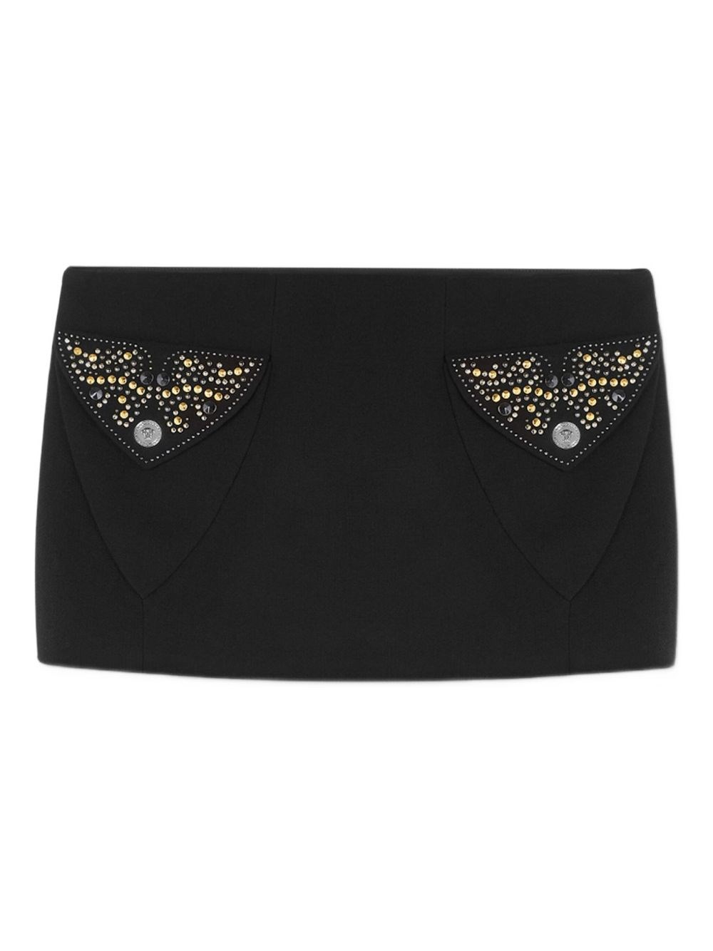Versace Chic Fitted Mini Skirt With Embellished Pockets In Black