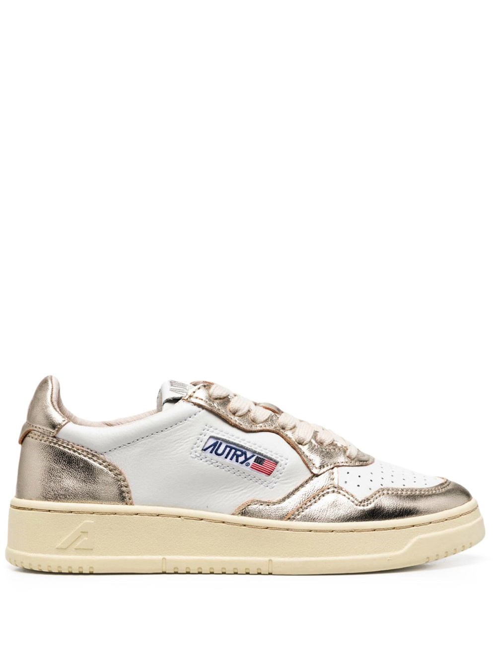 Autry Medalist Low Two-tone White Leather And Platinum Metallic Sneakers In Gold
