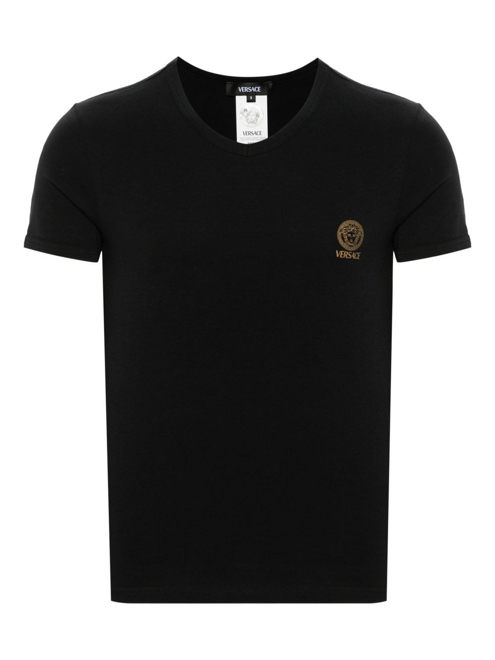 Versace Black Crewneck T-shirt With Medusa Logo Print In Stretch Cotton Man In Black