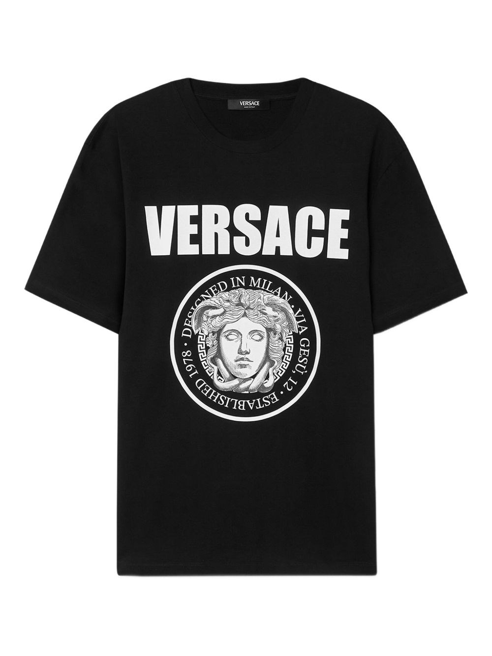 Versace Black Crewneck T-shirt With Maxi Logo Print On The Front In Black