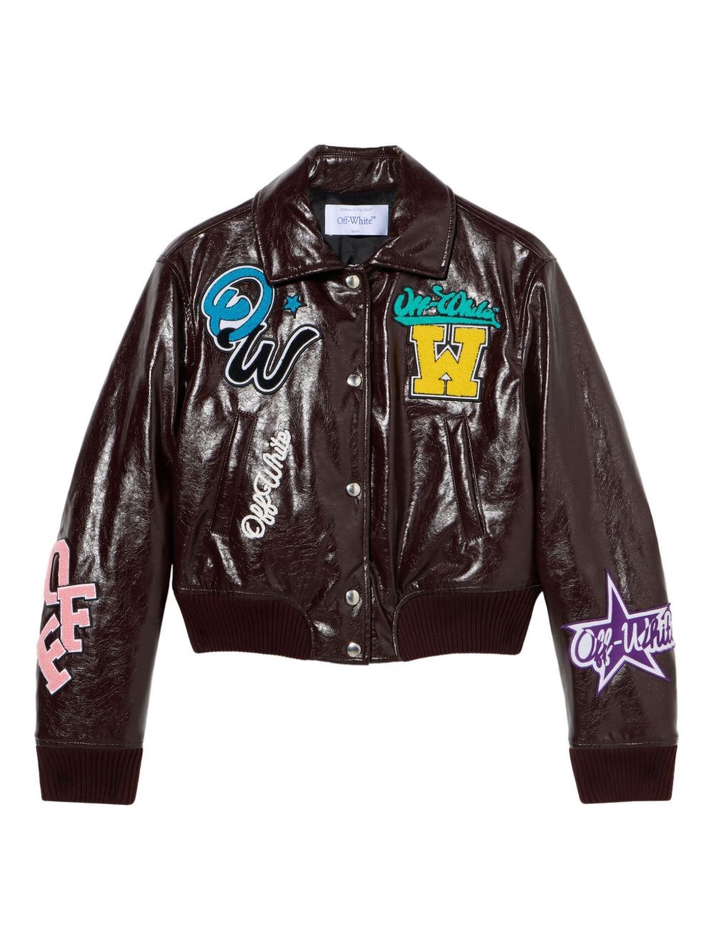 Off-white Crinkled Coated Varsity Jacket In Brown