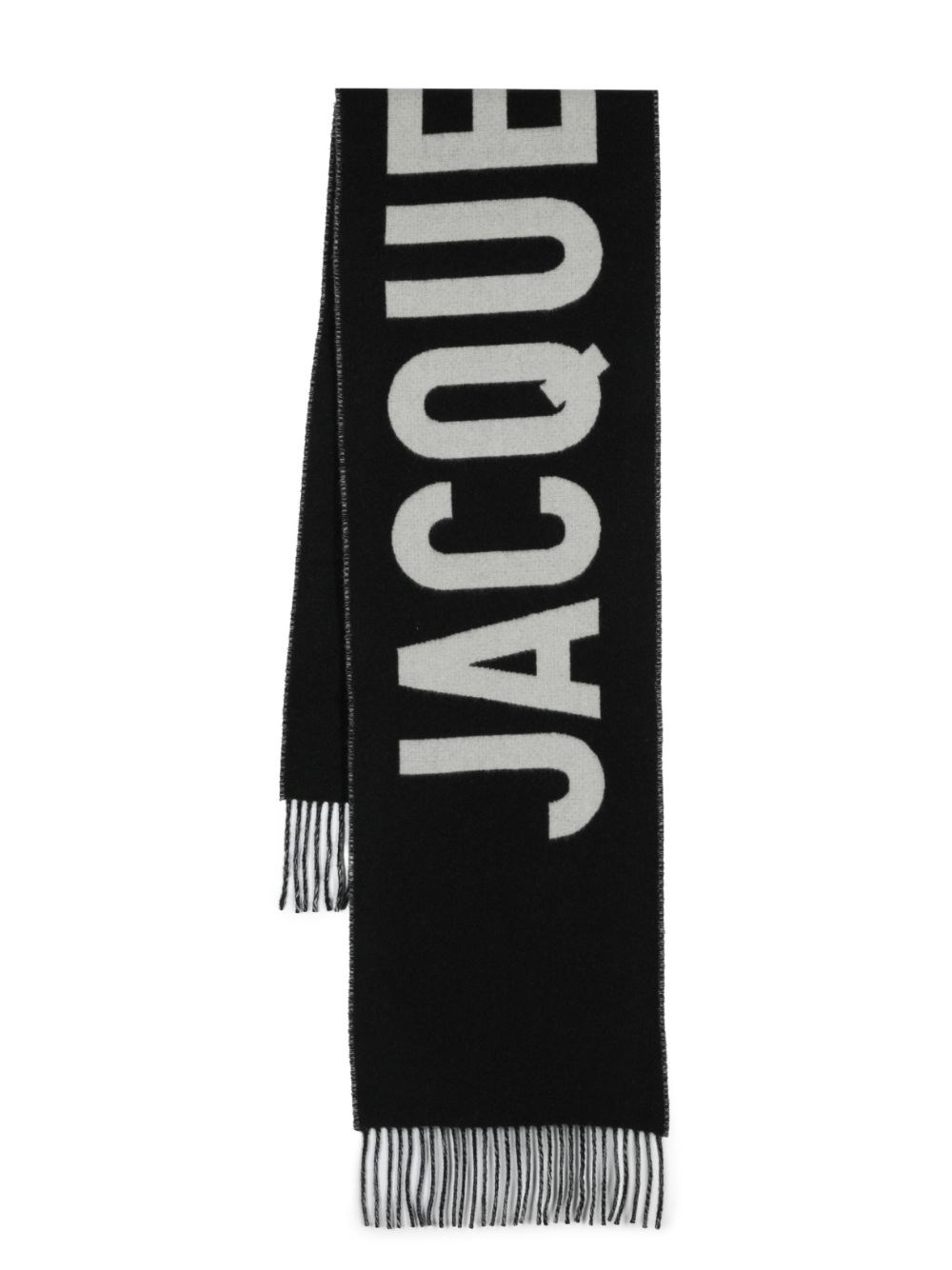 Jacquemus Maxi Logo Wool Fringed Scarf In Black