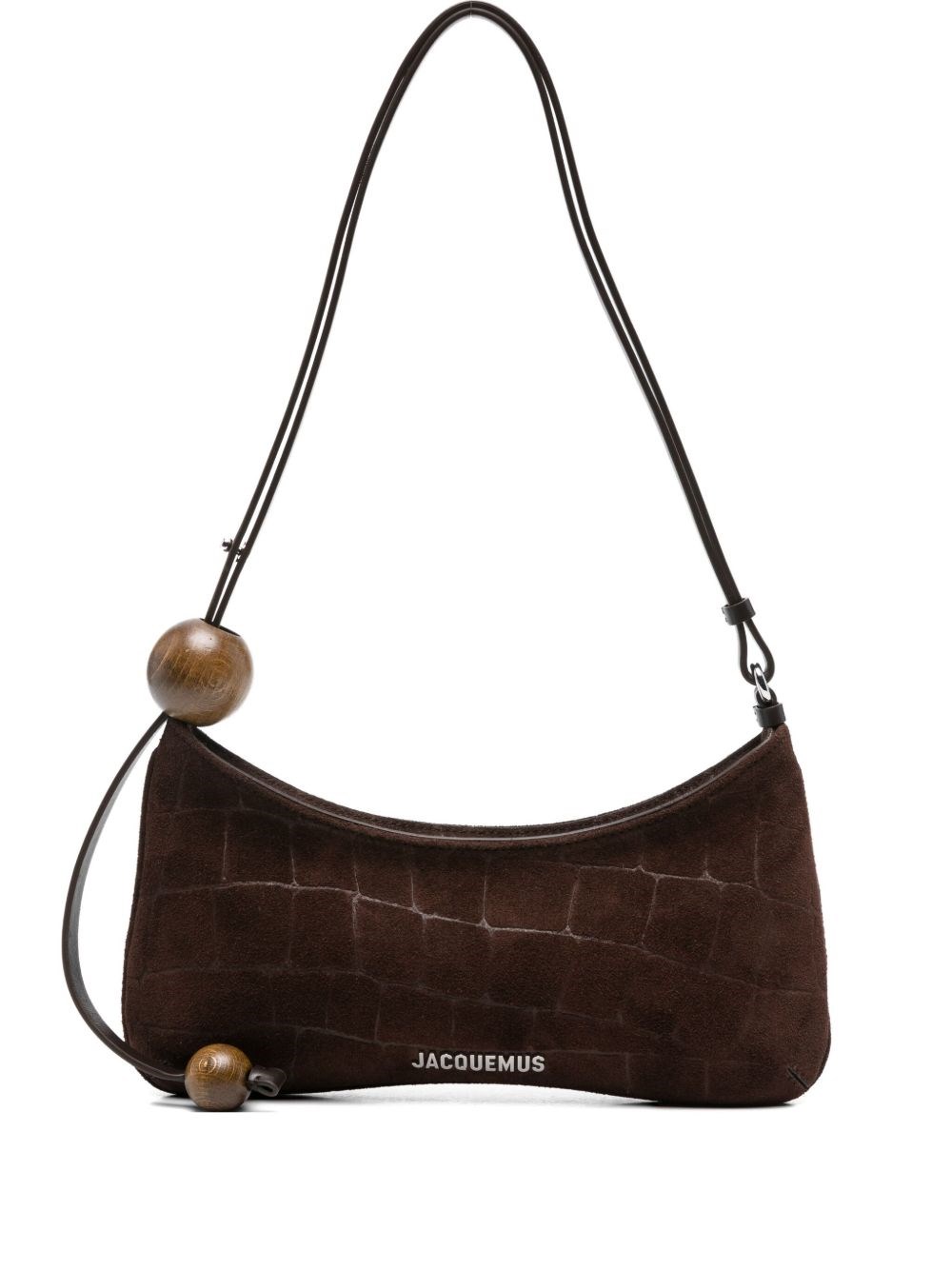 Jacquemus Le Bisou Perle Embellished Leather-trimmed Croc-effect Suede Shoulder Bag In Brown