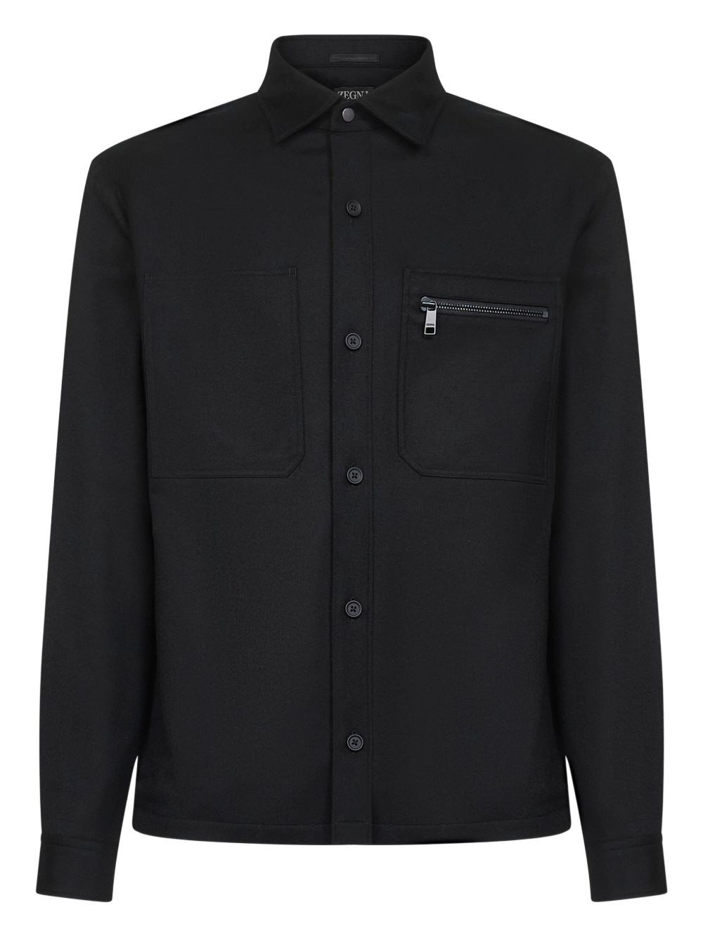 Zegna Tailored Black Wool Overshirt With Pointed Collar And Zip Pocket In Black