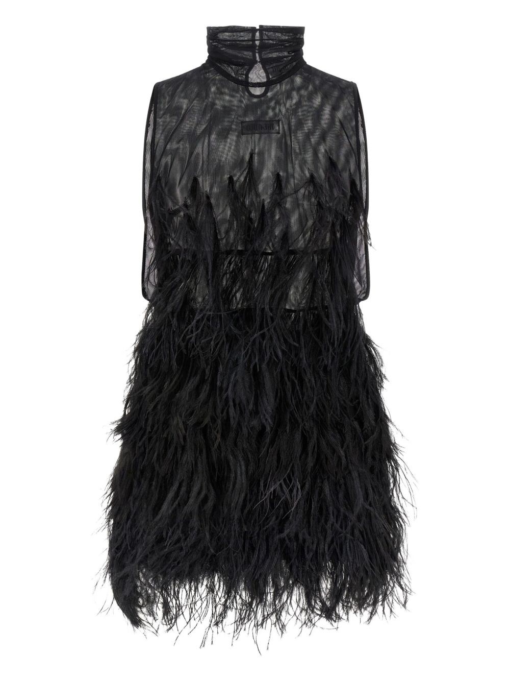 Attico Feathered High Neck Dress With Sheer Overlay In Black