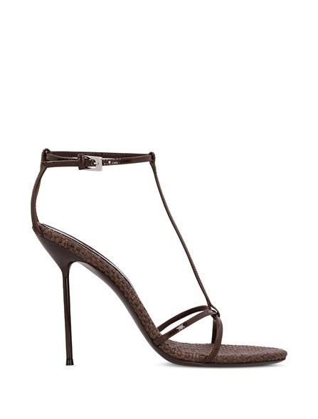 PARIS TEXAS - PATENT LEATHER AND RAFFIA T-STRAP SANDALS