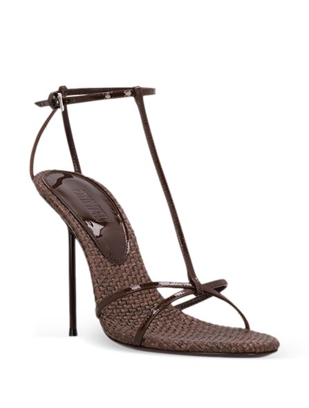 PARIS TEXAS - PATENT LEATHER AND RAFFIA T-STRAP SANDALS