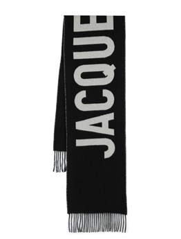 JACQUEMUS - JACQUEMUS フリンジとジャカードロゴ付きブラックウールスカーフ